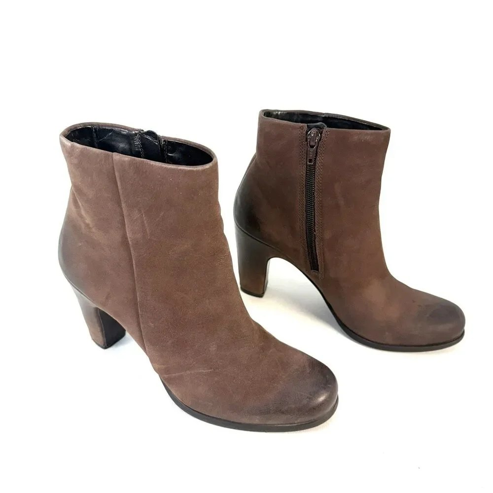 Ecco Jaffna Sepia Brown Leather Heeled Ankle Boots Side Zip - Women's 37/6.5